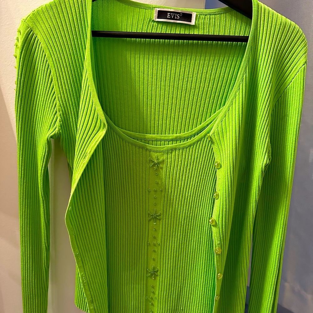 Women Knitted Cropped twins tank top and jacket, Thin V-Neck Slim Long Sleeve,